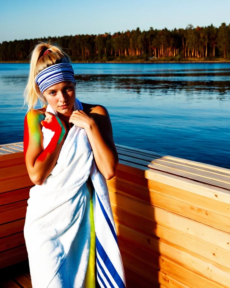 Woman in a towel at a Helsinki sauna in soft natural light